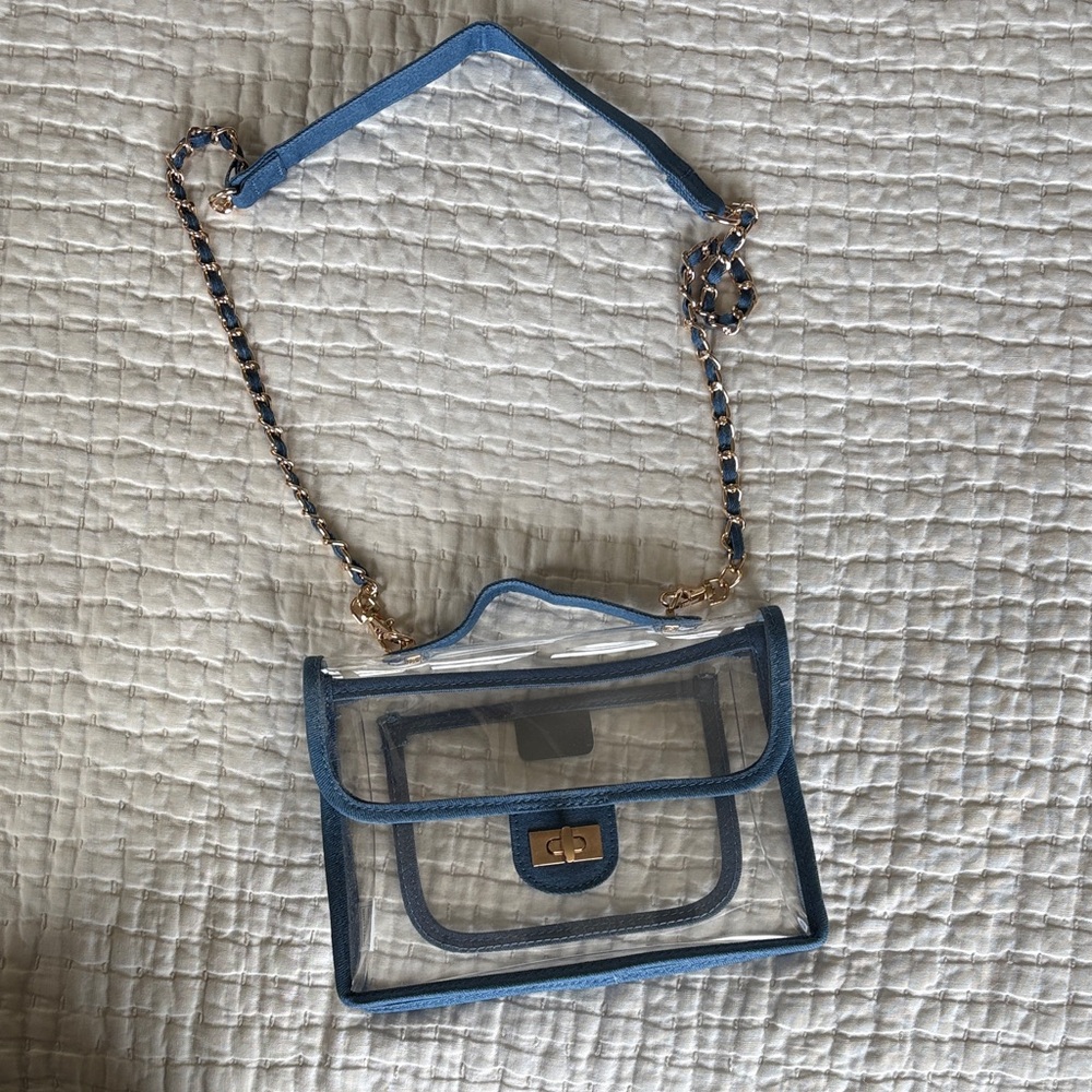 Clear Blue Trim Crossbody Bag with Gold Chain Strap